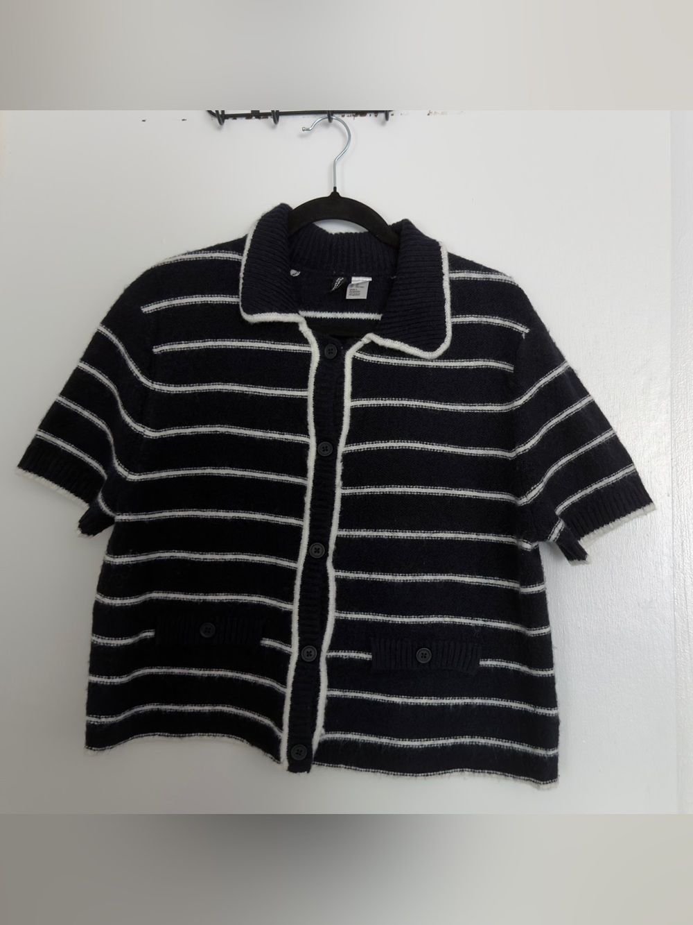 Striped Short-Sleeve Button-Up Sweater - Blue and White